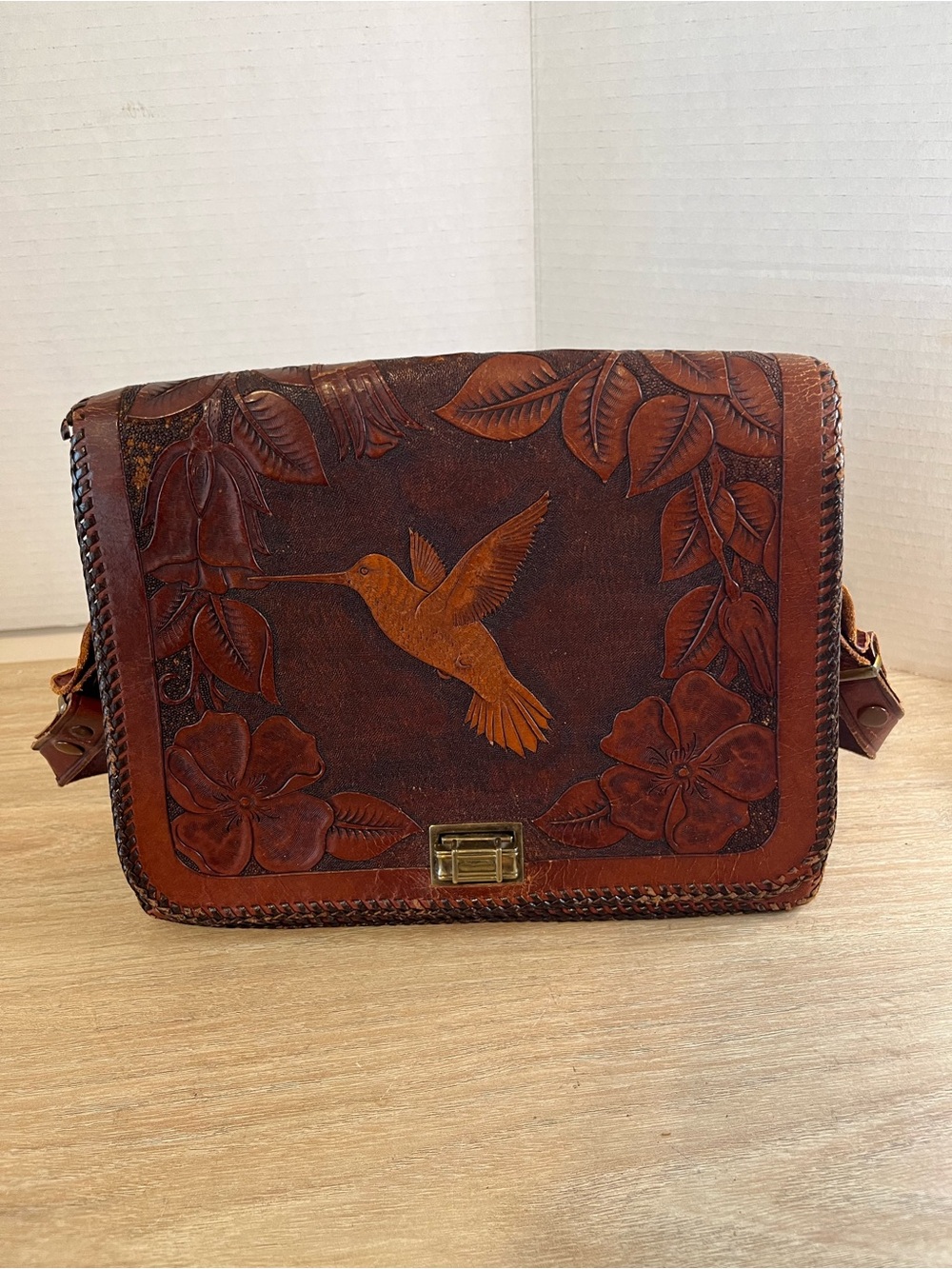Hand-Tooled Brown Leather Crossbody Bag with Hummingbird Design